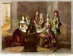 Gården som spelar kort i det andra sovrummet i Louis XIV:s lägenheter. gravyr av Antoine Trouvain (1656-1708)