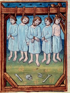 Fem män hängdes. Miniatyr i "" chronicles de Saint Denis" Paris, Antoine Verard