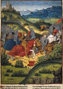 Lancelot i en strid - VERARD, Antoine (1400-talet). engelsk förläggare och bokhandlare.; LANCELOT (6th c.). Riddare av kung Arthurs hov. Lancelot i en strid. Illustration av "Lancelot du Lac" av Antoine Verard (1494). Gotisk konst. Miniatyrmålning. FR