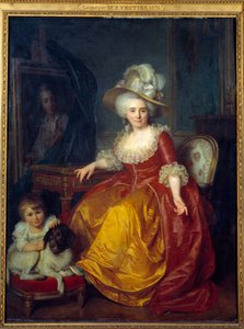 Porträtt vid foten av Madame Vestier (1740-1831) med ett barn vid sina fötter som nyper i örat på en hund Målning av Antoine Vestier (1740-1824) 1787 Sön. 1,76x1,34 m