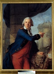 Porträtt av Jean Henri Masers, Riddare av Latude (1725-1805) Han pekar på förstörelsen av fästningen Bastille där han fängslades för ett försök att attackera Madame de Pompadour (Marquise de Pompadour). Målning av Antoine Vestier (1740-1824) 1