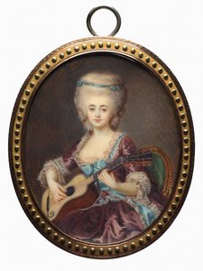 Porträtt av en kvinna med en gitarr, kallad Louise DAumont, Mazarin..., sent 1700-tal.