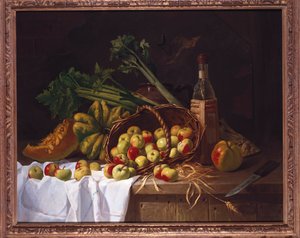 Stilleben med en flaska vin, rabarber och en uppåtvänd korg med äpplen på ett bord av Antoine Vollon
