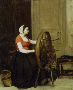 Kvinna och spinnhjul, ca 1860?