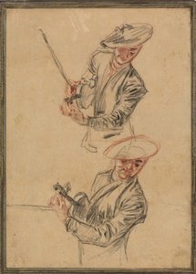 Två studier av en violinist som stämmer sitt instrument av Antoine Watteau