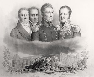 Den provisoriska regeringen den 29 juli 1830. L till R: Jacques Lafitte (1767-1844), Casimir Perier (1777-1832), General Lafayette (1757-1834) och Comte Etienne Maurice Gerard (1773-1852) 1831 (