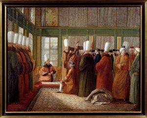 Osmanska riket: "" Mottagning av storvisiren av en ambassadör av Frankrike i tjänst för kung Ludvig XVI i Turkiet"" Målning av Antoine de Favray (1706-1791) 1700-talets Marseille, Musee de la Marine - Osmanska riket: Mottagning av en fransk ambassadör