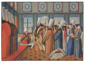 Presentationen av greve de Vergennes, Ludvig XV:s ambassadör, till Reis Effendi, storvesir för den osmanska sultanen "Uthman III" den 31 maj 1755 av Antoine de Favray