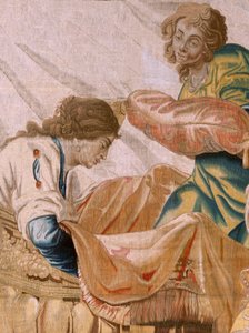 flamländsk gobeläng. Serien Story of Theseus. Bacchus tar Ariadne som sin hustru (Baco toma a Ariadna por esposa). Nionde gobeläng i serien. Modell Anthonis Sallaert. Tillverkning Jan Raes den yngre, Bryssel. Ca 1630. ; Tyg Siden och ull. Storlek 392 x 45