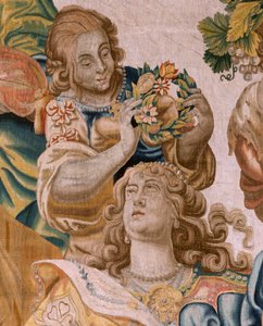 flamländsk gobeläng. Serien Story of Theseus. Bacchus tar Ariadne som sin hustru (Baco toma a Ariadna por esposa). Nionde gobeläng i serien. Modell Anthonis Sallaert. Tillverkning Jan Raes den yngre, Bryssel. Ca 1630. ; Tyg Siden och ull. Storlek 392 x 45