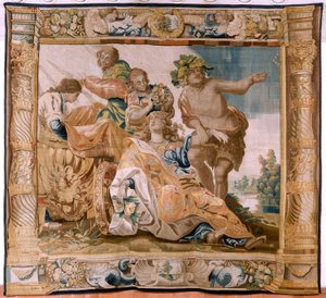flamländsk gobeläng. Serien Story of Theseus. Bacchus tar Ariadne som sin hustru (Baco toma a Ariadna por esposa). Nionde gobeläng i serien. Modell Anthonis Sallaert. Tillverkning Jan Raes den yngre, Bryssel. Ca 1630. ; Tyg Siden och ull. Storlek 392 x 45