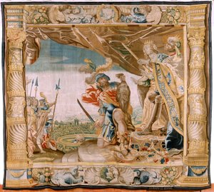 flamländsk gobeläng. Serien Story of Theseus. Theseus presenterar Minotaurens huvud till kungen och drottningen av Kreta (Teseo presenta a los Reyes de Creta la cabeza del Minotauro). Sjunde gobelängen i serien. Modell Anthonis Sallaert. Tillverkar Jan Rae
