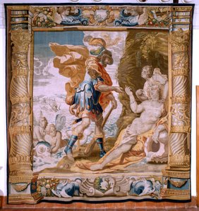 flamländsk gobeläng. Serien Story of Theseus. Theseus tar emot Minos ring från Amphitrite (Teseo recibe de Anfítrite la sortija de Minos). Femte gobeläng i serien. Modell Anthonis Sallaert. Tillverkning Jan Raes den yngre, Bryssel. Ca 1630. Tyg Silke
