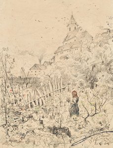 Bondeflicka i trädgård, bakom sin kyrka och by av Anton Brioschi
