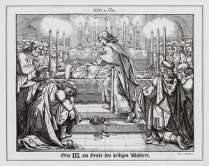 Den tysk-romerske kejsaren Otto III vid S:t Adalbert av Prags grav (gravyr)