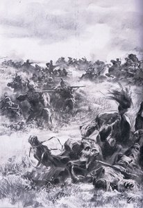 Nederlag för den 14:e ryska kavalleribrigaden vid Praszysz, från puben The Illustrated History of the World War 1914-1915. av Union Berlagsefellfchaft av Anton Hoffman