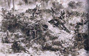 Württembergskungens grenadjärer bryter igenom fiendens placeringar i Argonnes, från puben The Illustrated History of the World War 1914-1915. av Union Berlagsefellfchaft av Anton Hoffman