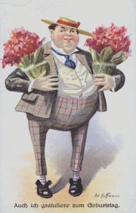 Födelsedagshälsningskort som visar en man som bär klasar av blommor (chromolitho) av Anton Hoffmann