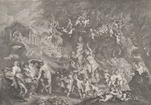 Venusfesten, med grupper av satyrer, nymfer och putti som dansar runt en staty av Ve..., 1732.