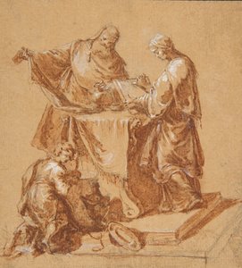 En överstepräst, profetinnan Anna och en knästående pojke runt ett bord, 1745.