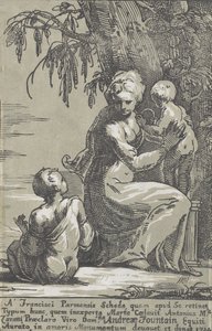 En kvinna som står vid foten av ett träd och håller ett spädbarn, med en sittande pojke, 1724.