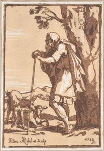 Äldre herde lutad mot en stav, 1722.