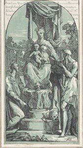 Jungfrun och barnet på tronen, Saint Hieronymus längst ner till höger, Saint Francis..., före 1749. av Anton Maria Zanetti