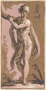 En stående ungdom som gör en gest åt höger om honom av Anton Maria Zanetti I, after Parmigianino