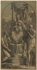 Madonna and Child Enthroned, Saint Hieronymus och Saint Francis av Anton Maria Zanetti I, after Parmigianino
