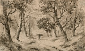 A Wood Gatherer in the Forest (brunt bläck & tvätt på buff papper)