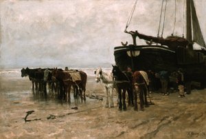 Nederländska: Bomschuit med bogserhästar på Scheveningens strand Fiskebåt med bogserhästar på Scheveningens strand av Anton Mauve