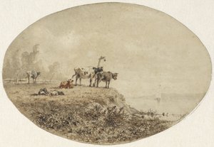 Kor vid vattnet, i fjärran ett segelfartyg av Anton Mauve