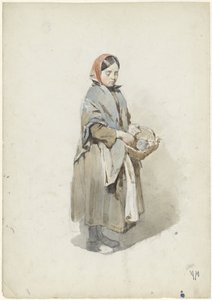 Stående kvinna med huvudduk och korg av Anton Mauve
