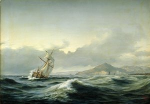 Havslandskap med segelfartyg i grov sjö. I bakgrunden en klippig kust av Anton Melbye