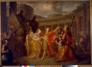 Hectors och Andromaches farväl: på väg till det trojanska kriget Hector lämnar sin fru och son Astyanax (Hectors farväl till Andromache) - Olja på duk av Anton Pavlovich Losenko (1737-1773)