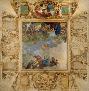 Apollo och Athena belönar Talents och Minerva flankerade av karyatider och medaljonger föreställande Mars, Venus, Hercules och Cybele, av Anton Raphael Mengs av Anton Raphael Mengs