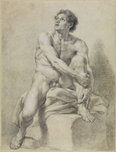 Sittande manlig akt, ungefär framifrån, med vänster ben upplyft och hållet med båda händerna av Anton Raphael Mengs