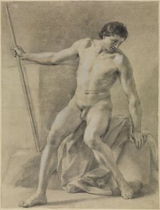 Sittande manlig akt, nästan framifrån, stav i höger hand, blickande nedåt av Anton Raphael Mengs