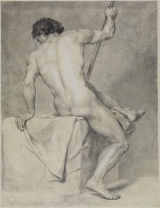 Sittande manlig akt sedd bakifrån, stödjer sig på vänster sida och håller en stav i höger hand av Anton Raphael Mengs