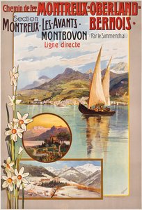 Affischreklam Montreux-Oberland-Bernois tågresor, ca. 1910 (lito i färg)
