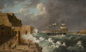 Hamnlandskap, Malta (olja på kartong) av Anton Schranz