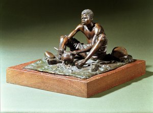 Sittande man med kokgryta (brons på ekbas) av Anton van Wouw