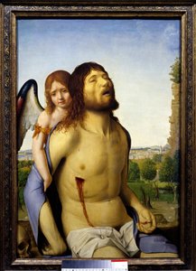 Den döde Kristus med stöd av en ängelmålning av Antonello da Messina (1430-1479) 1476-1479 sön. 0,74x0,51 m Madrid, Pradomuseet - Den döde Kristus stödd av en ängel. Målning av Antonello da Messina (1430-1479)