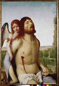 Den döde Kristus stödd av en ängel. (olja på panelen av Antonello da Messina