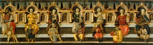 De sju dygderna - Verk av Antonfrancesco (Anton Francesco) Guidi, kallat Scheggia (1441-1476), tempera på trä (49,8x159,3 cm), cirka 1467-1469 - De sju dygderna, Tempera på panel av Antonfrancesco (Anton Francesco) Guidi kallad Scheggia, ca 1467-1469 - M av Antonfrancesco dello Scheggia