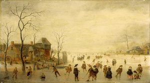 Winterlandschaft mit Schlittschuhläufern, Golfspielern und Bauern auf gefrorenen Wasserwegen