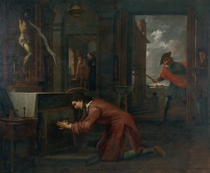 Saint Francis Receives the Order from the Crucifix at Saint Damian to Repair the House of God av Antoni Viladomat Y Manalt