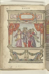 Stadium där personifikationerna av ära, majestät, generositet, storslagenhet och blygsamhet tillsammans håller en krona, 1578