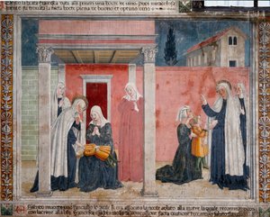 Saint Francoise Romaines liv (santa Francesca romana) (1384-1440): "" helgonet reser upp ett odöpt barn vars mor av misstag hade kvävts i sömnen""" Fresk av Antoniazzo Romano (1400-talet) 1468 Rom, kommunklostret av Oblate d