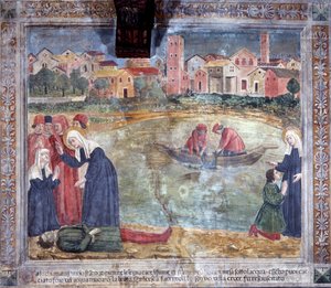 Life of St. Francesca Romana : En man har uppstått av helgonet efter att ha drunknat i Tibern (Fresco av Antoniazzo Romano